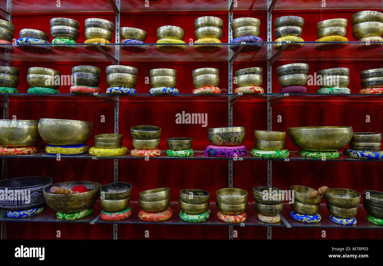 Kathmandu, Nepal - Oct 17, 2017. Interior of Singing Bowl Shop at Thamel District in Kathmandu, Nepal. Stock Photo