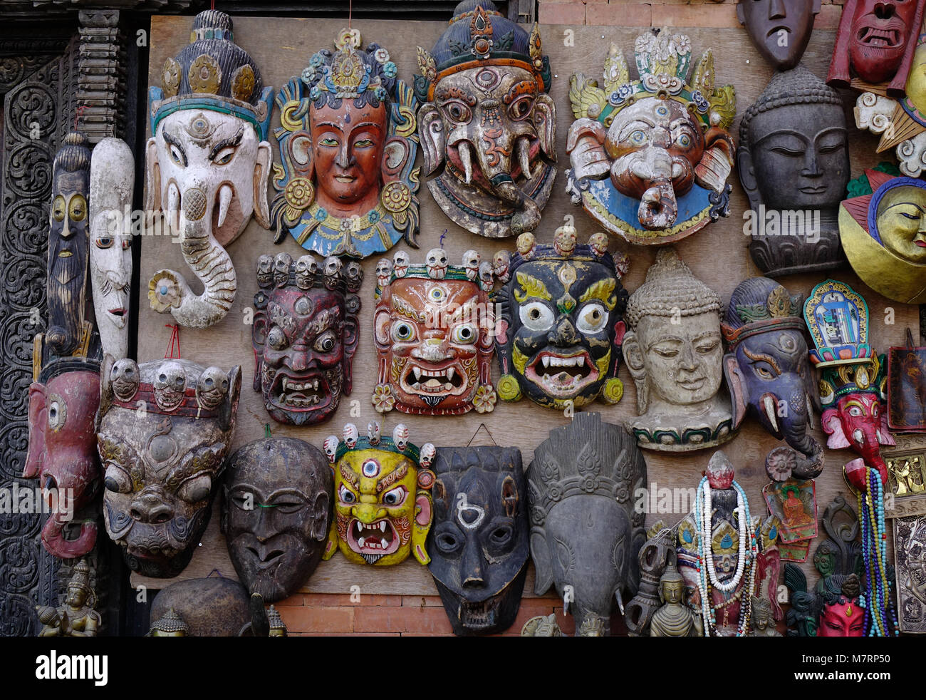 Selling colorful masks at Thamel District in Kathmandu, Nepal Stock