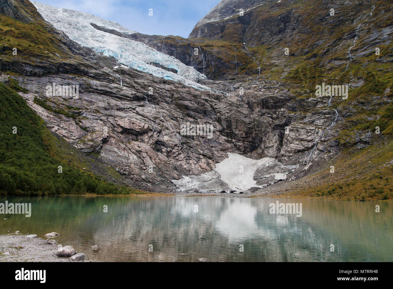 Boyabreen Glacier and Brevatnet Lake in the Jostedalsbreen National Park, Norway. Stock Photo