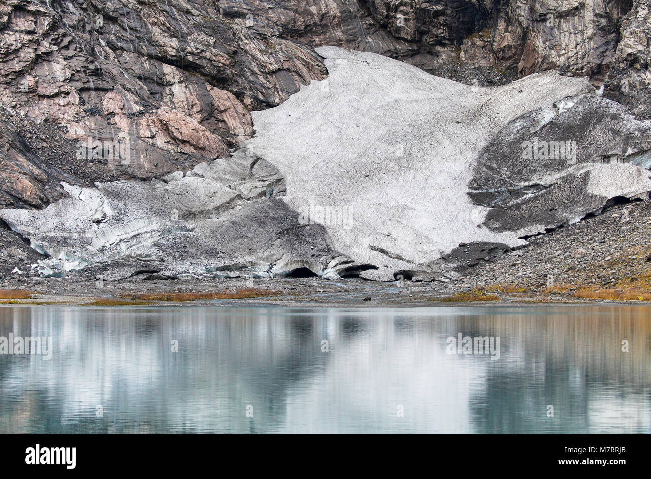 Lower part of the Boyabreen Glacier reflected on the Brevatnet Lake in the Jostedalsbreen National Park, Norway. Stock Photo