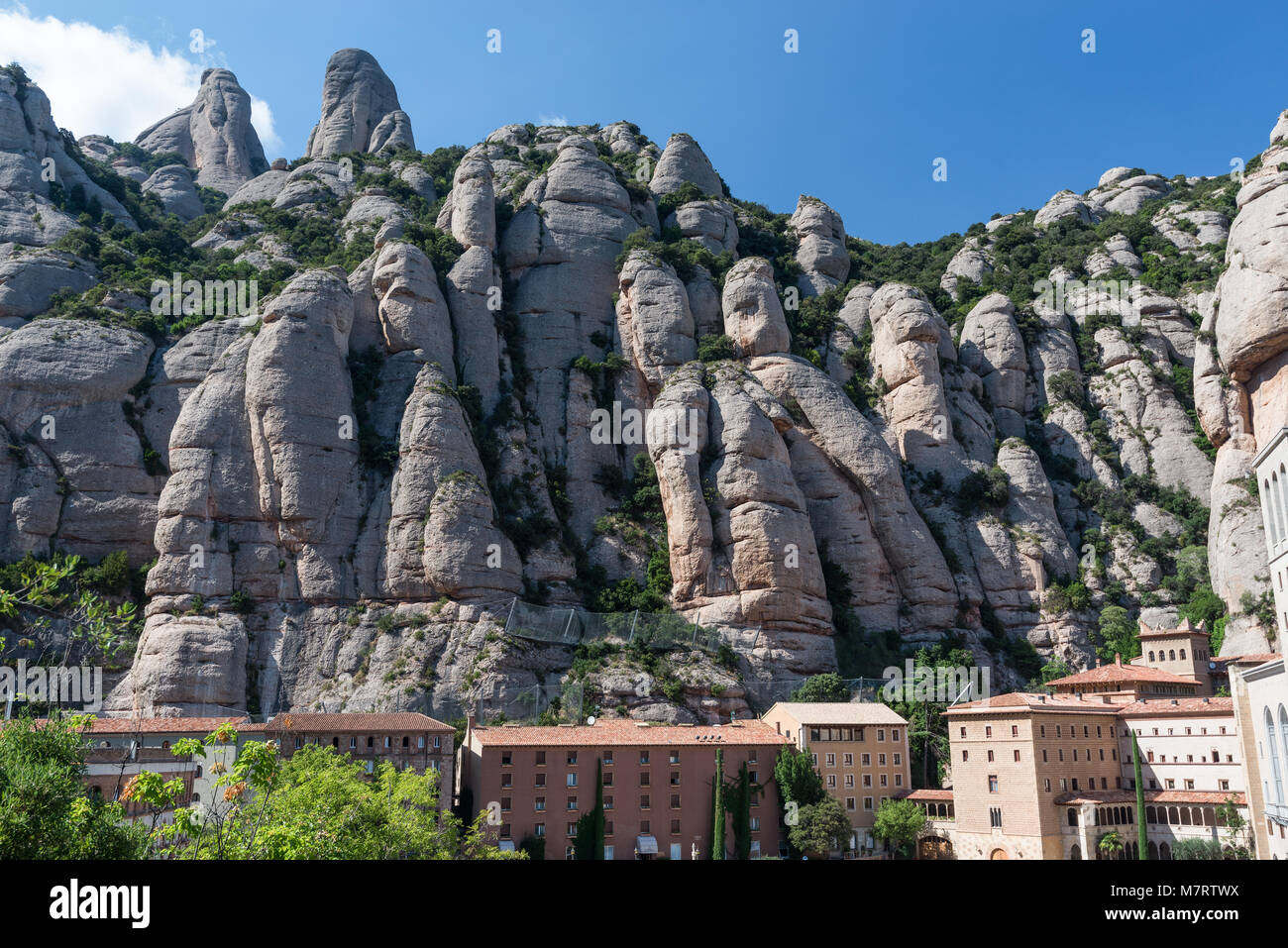 MONTSERRAT, SPAIN. Panoramic view of the Abbey of Santa Maria de Montserrat in the Montserrat mountains Stock Photo