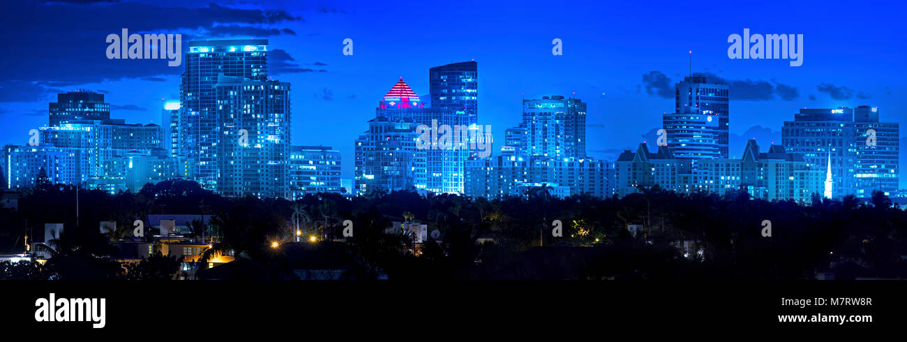 The beautiful skyline of Downtown Fort Lauderdale at night. Fort Lauderdale is also known as The Venice of America due to it's many waterways. Stock Photo