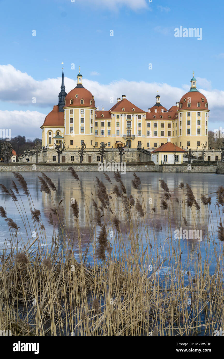 Castle Moritzburg in Dresden with reflections in the ice in the winter. Stock Photo