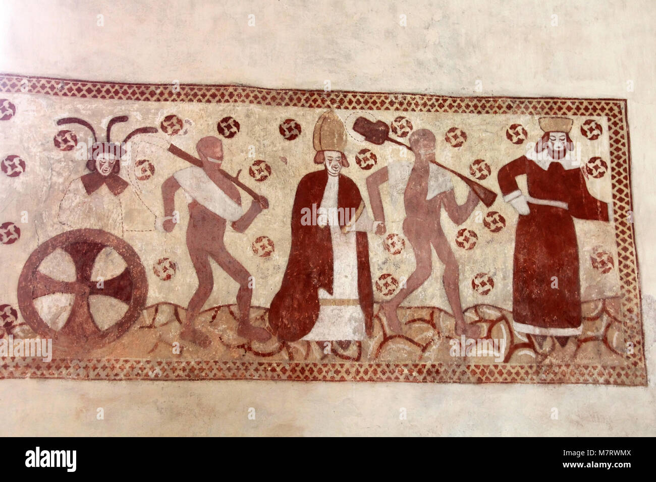 INKOO, FINLAND - JULY 6: A rare Medieval wall painting from ca. 1510 portraying 'Dance of Death' on July 6, 2013, in Church of Inkoo, Inkoo, Finland.  Stock Photo