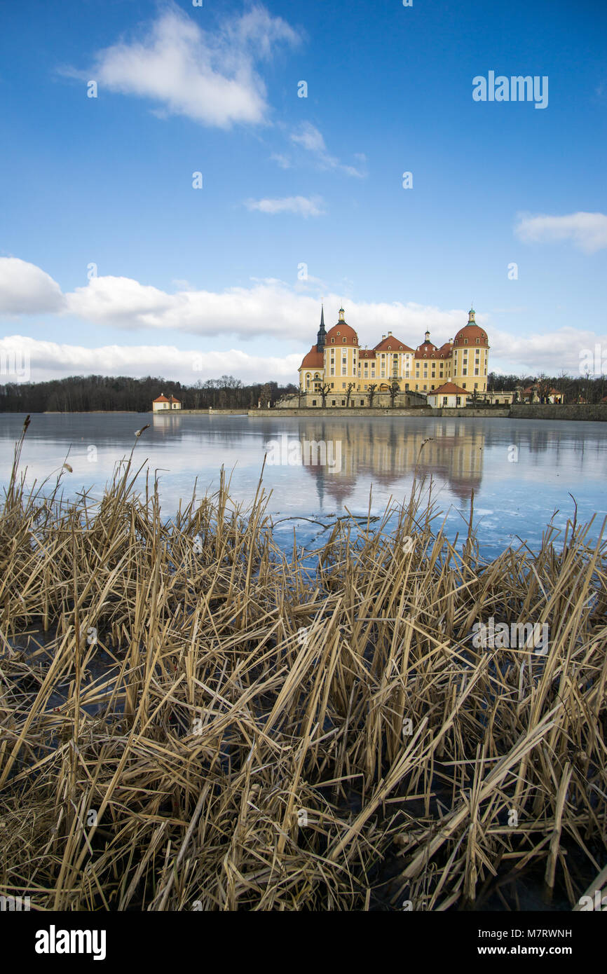 Castle Moritzburg in Dresden with reflections in the ice in the winter. Stock Photo