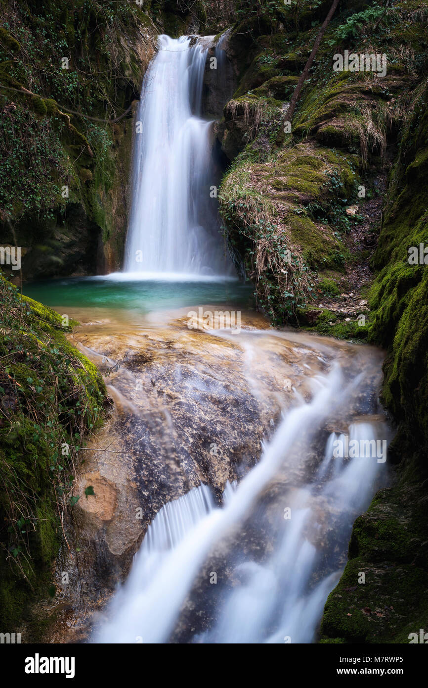 Pozza del Diavolo waterfall, in the municipality of Monte San Giovanni in Sabina, Italy. Waterfall, long exposure. Stock Photo