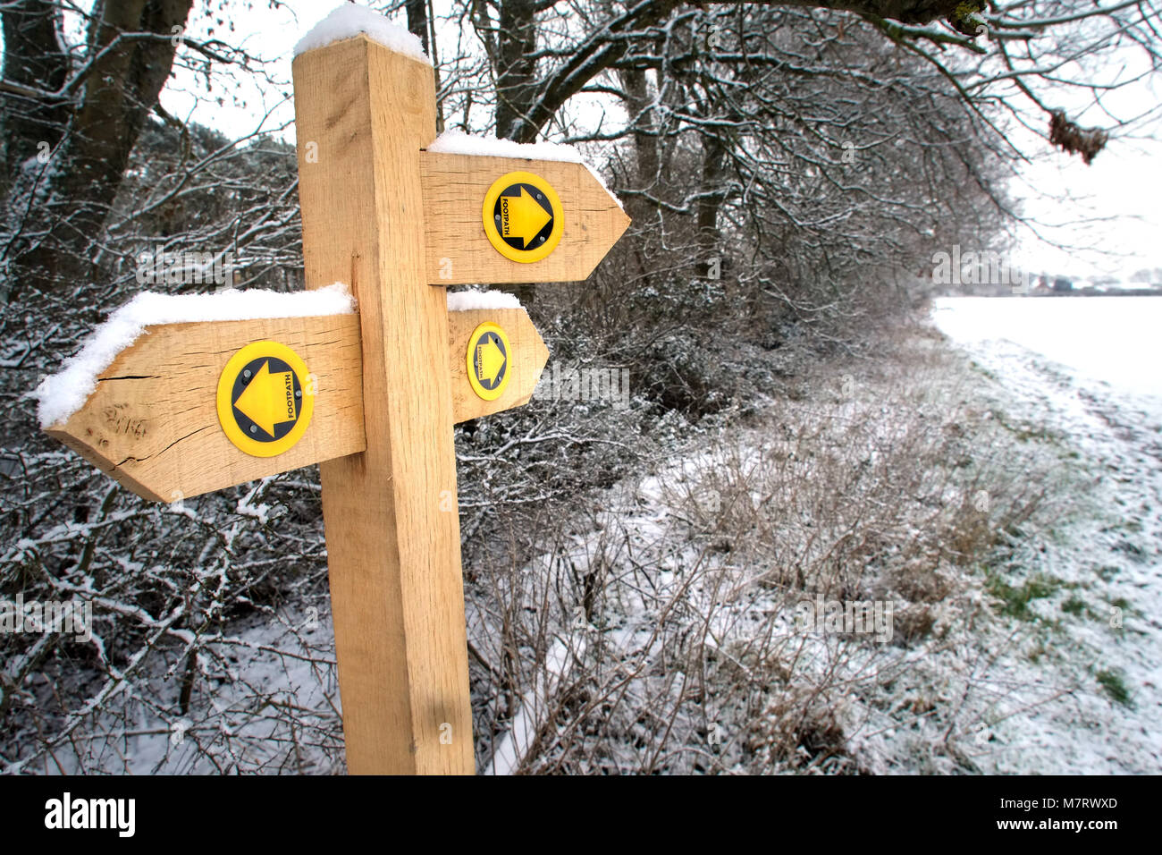 Footpath signpost in mid winter Stock Photo