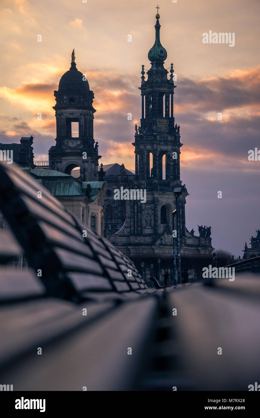 The Kreuzkirche Church of the Holy Cross in Dresden, of the Evangelical Church in Germany at sunset. Stock Photo