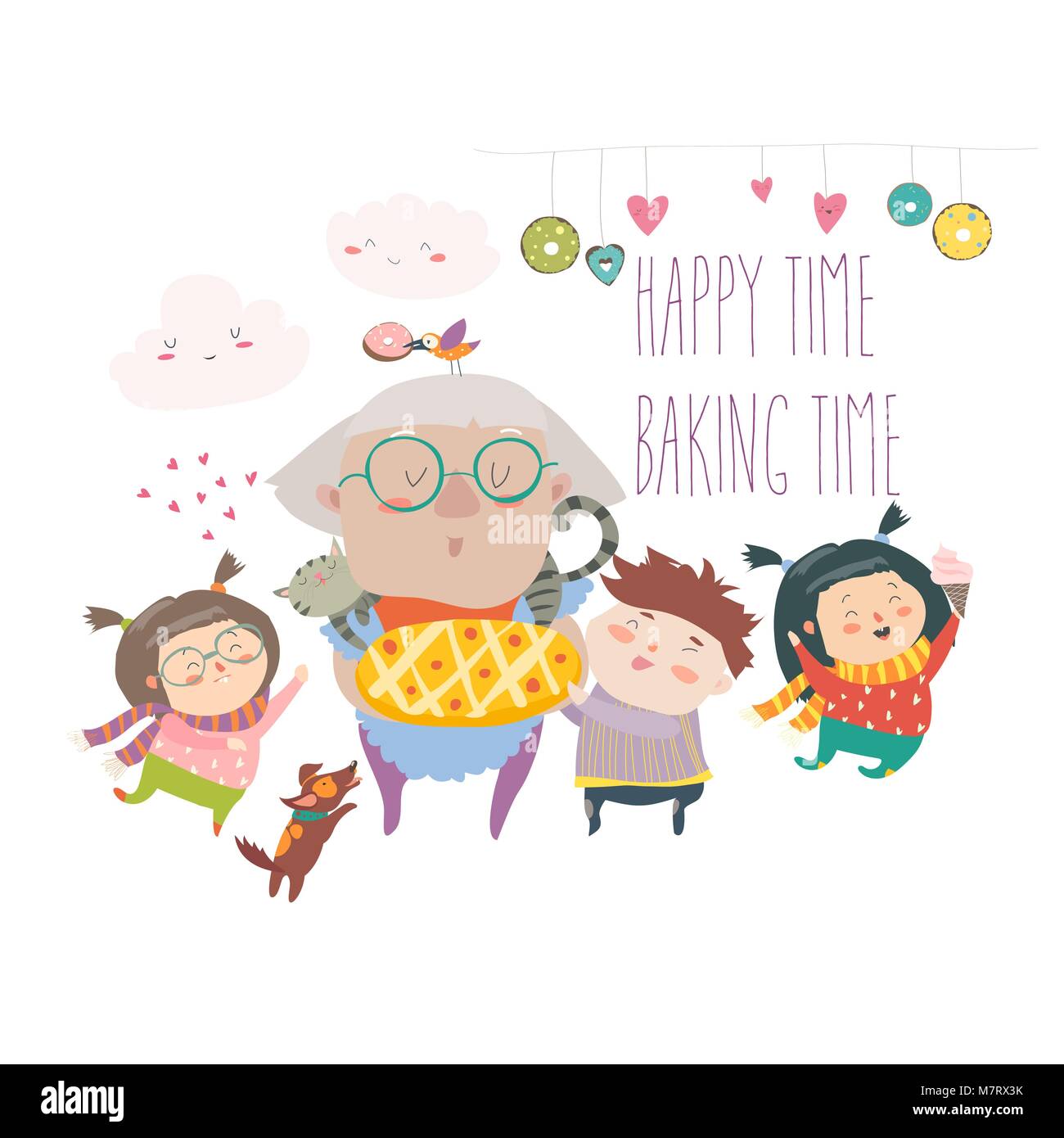 Granny and her grandchildren with cake Stock Vector