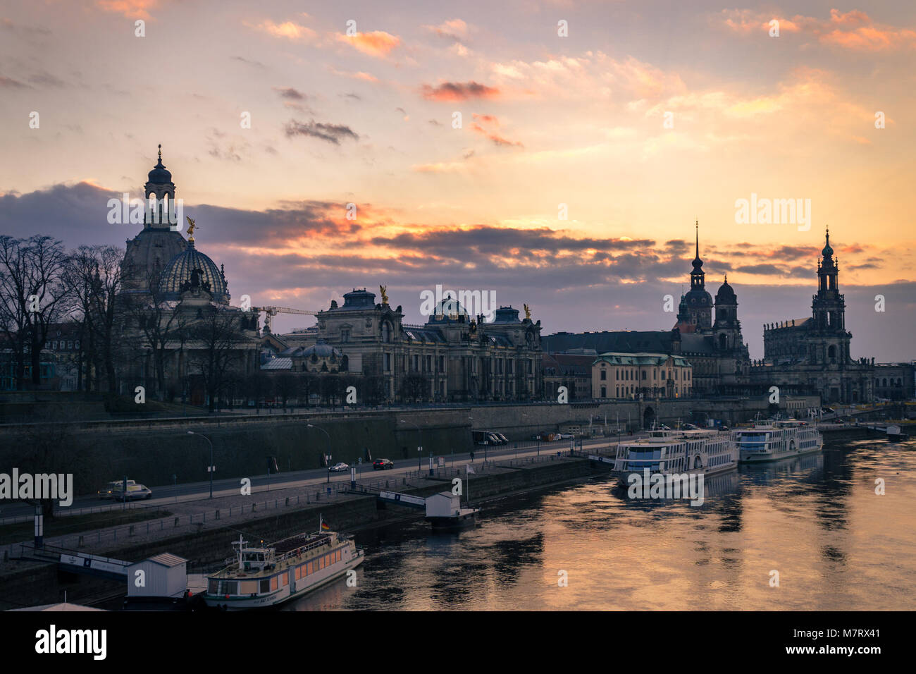 Dresden, Germany old town skyline on the Elbe River at sunset in the winter. Stock Photo
