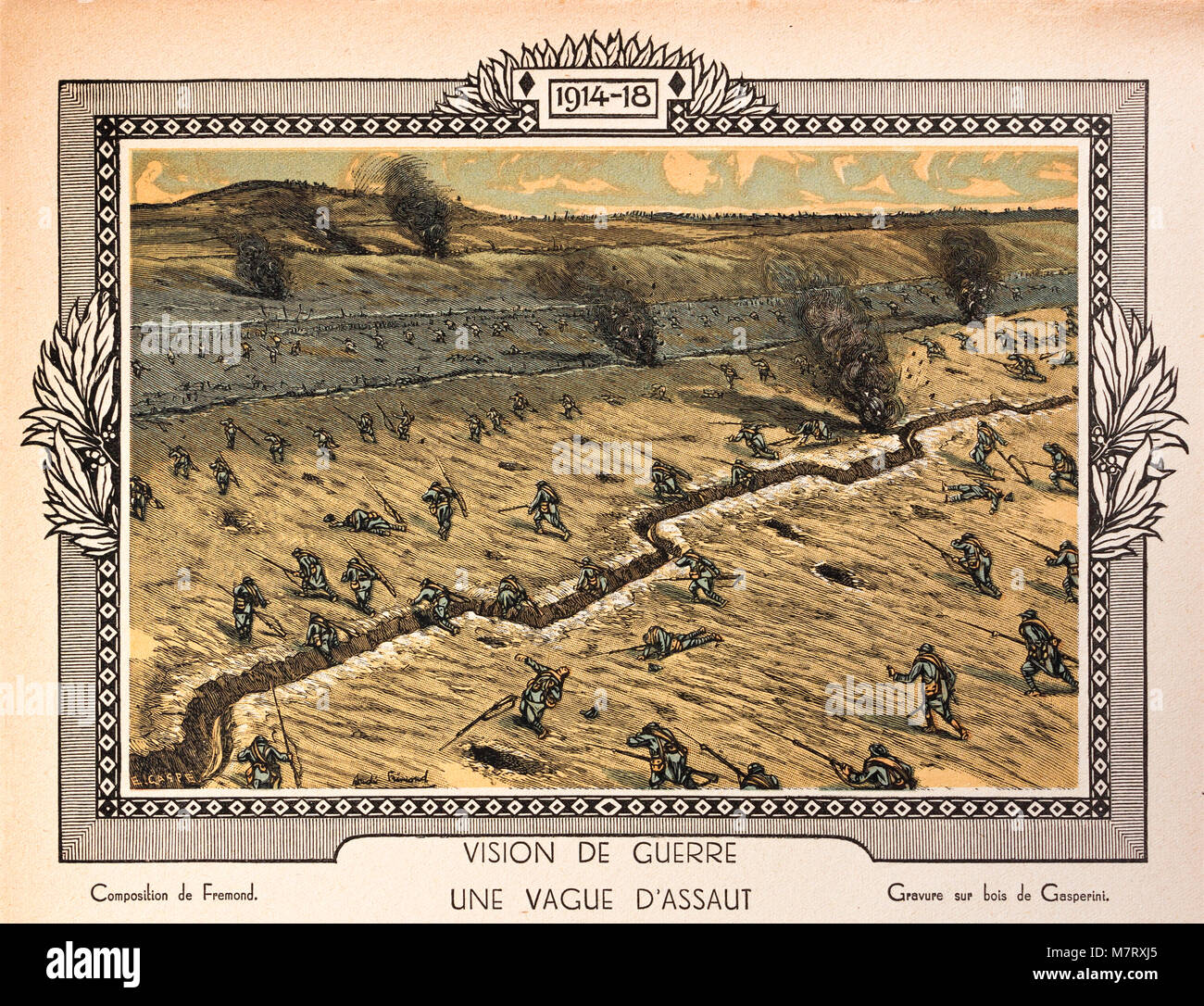 Wood engraving of WW1 'The Assault Wave', originally published in 1920 French book 'La guerre racontée par nos généraux' (The War Recounted by Our Generals) by FAYOLLE (Maréchal) et DUBAIL (Général). Stock Photo