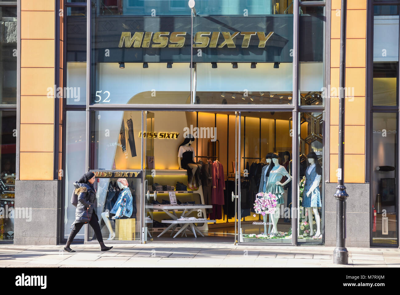 Miss Sixty shop in Brompton Road, Knightsbridge, London. Entrance with  brand names sign. Fashion Stock Photo - Alamy