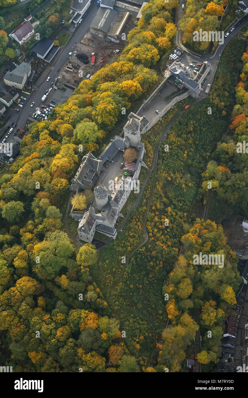 Aerial view, Altena Castle, Altena County, Klusenberg, autumn foliage, Altena, Sauerland, North Rhine-Westphalia, Germany, Europe, birds-eyes view, ae Stock Photo