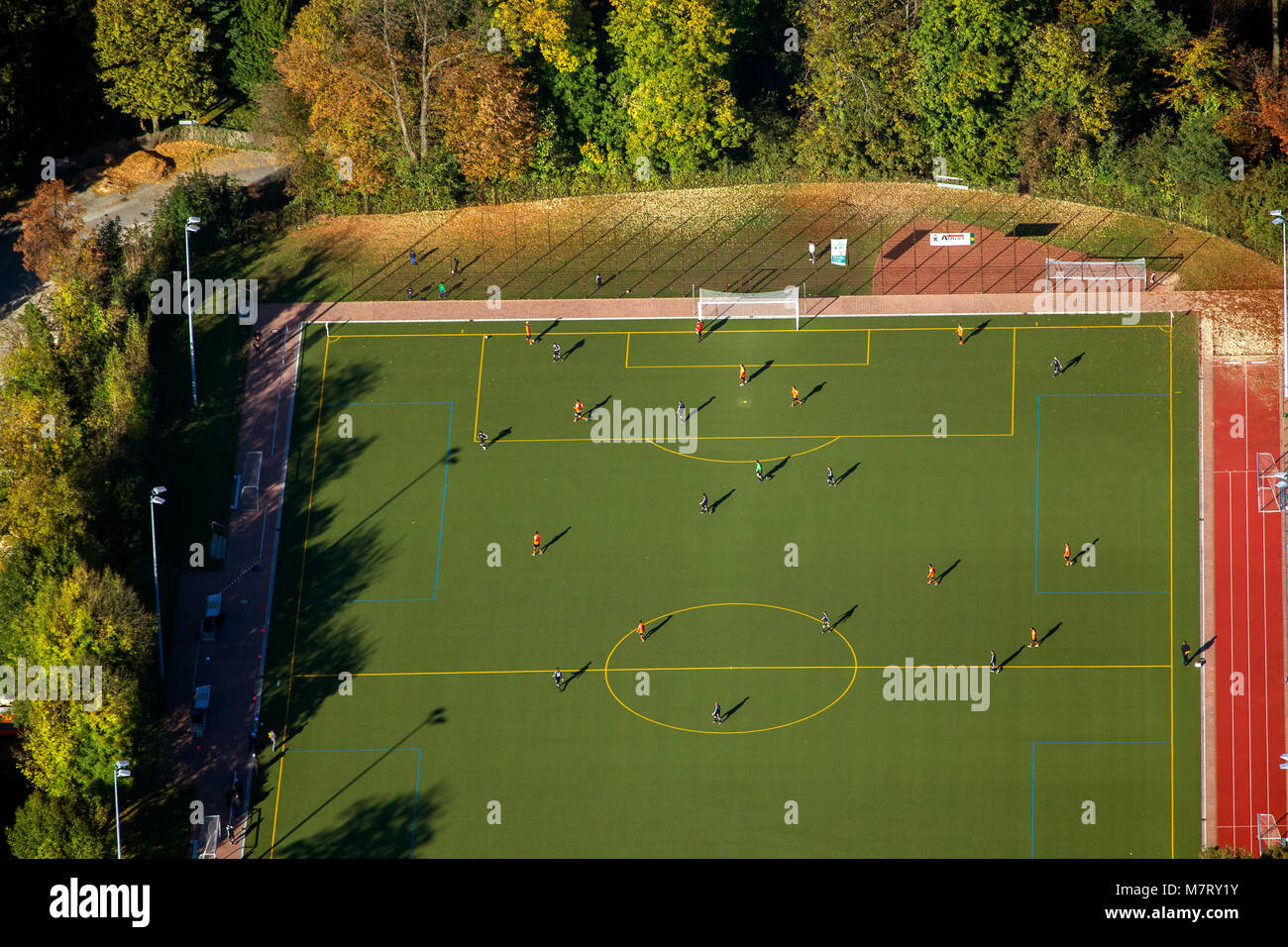 Aerial view, football field, vertical shot, top view, soccer field at Stadtgarten Lutherstrasse, Bochum, Wattenscheid, Ruhr area, North Rhine-Westphal Stock Photo