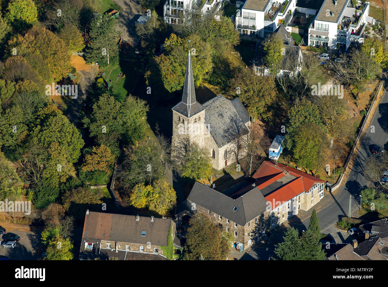 Aerial view, Stiepeler village church, Stiepeler village church, Bochum, Ruhr area, North Rhine-Westphalia, Germany, Europe, birds-eyes view, aerial v Stock Photo