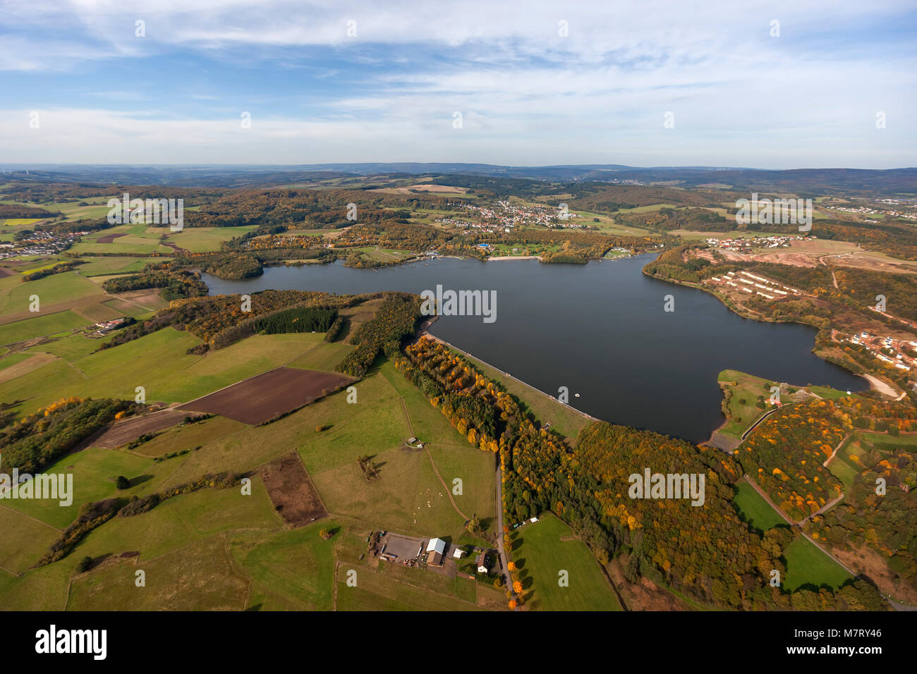 Aerial view, Bostalsee, inflows Bos, Dämelbach, district Sankt Wendel, Nohfelden, Saarland, Germany, Europe, birds-eyes view, aerial view, aerial phot Stock Photo