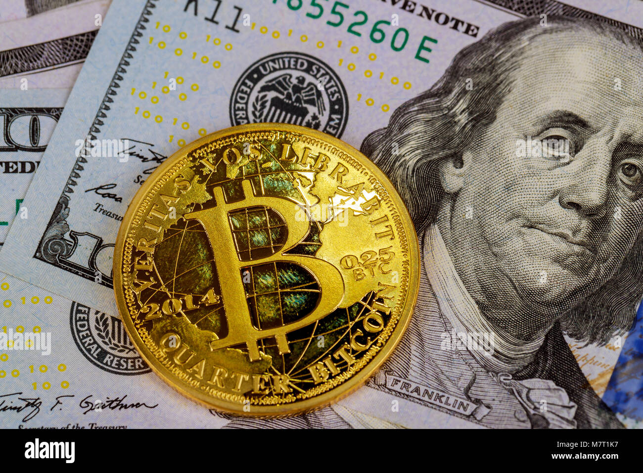 5 US dollars bills and golden bitcoins. Cryptocurrency investment concept.  Crypto mining or trading transactions Stock Photo - Alamy