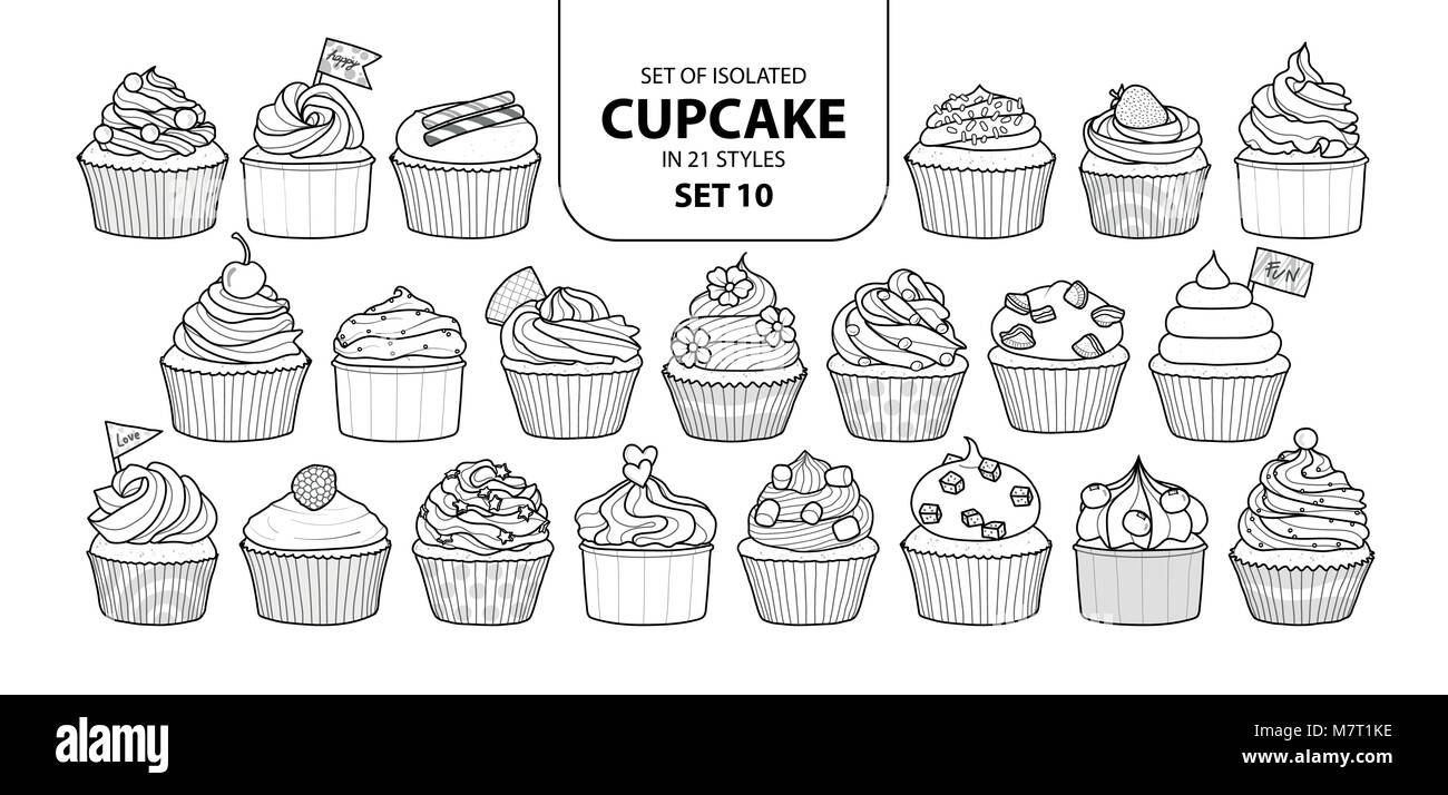 Set of isolated cupcake in 21 styles set 10. Cute hand drawn dessert in black outline and white plane on white background. Stock Vector