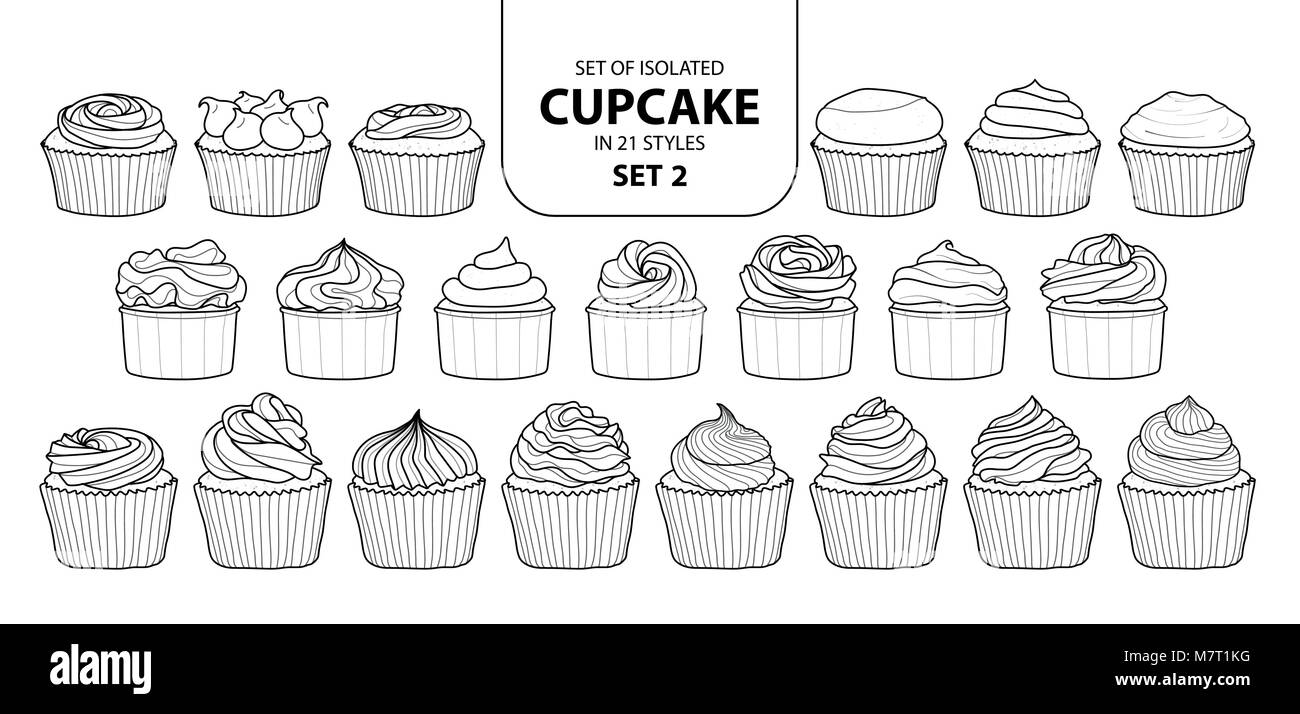 Set of isolated cupcake in 21 styles set 2. Cute hand drawn dessert in black outline and white plane on white background. Stock Vector