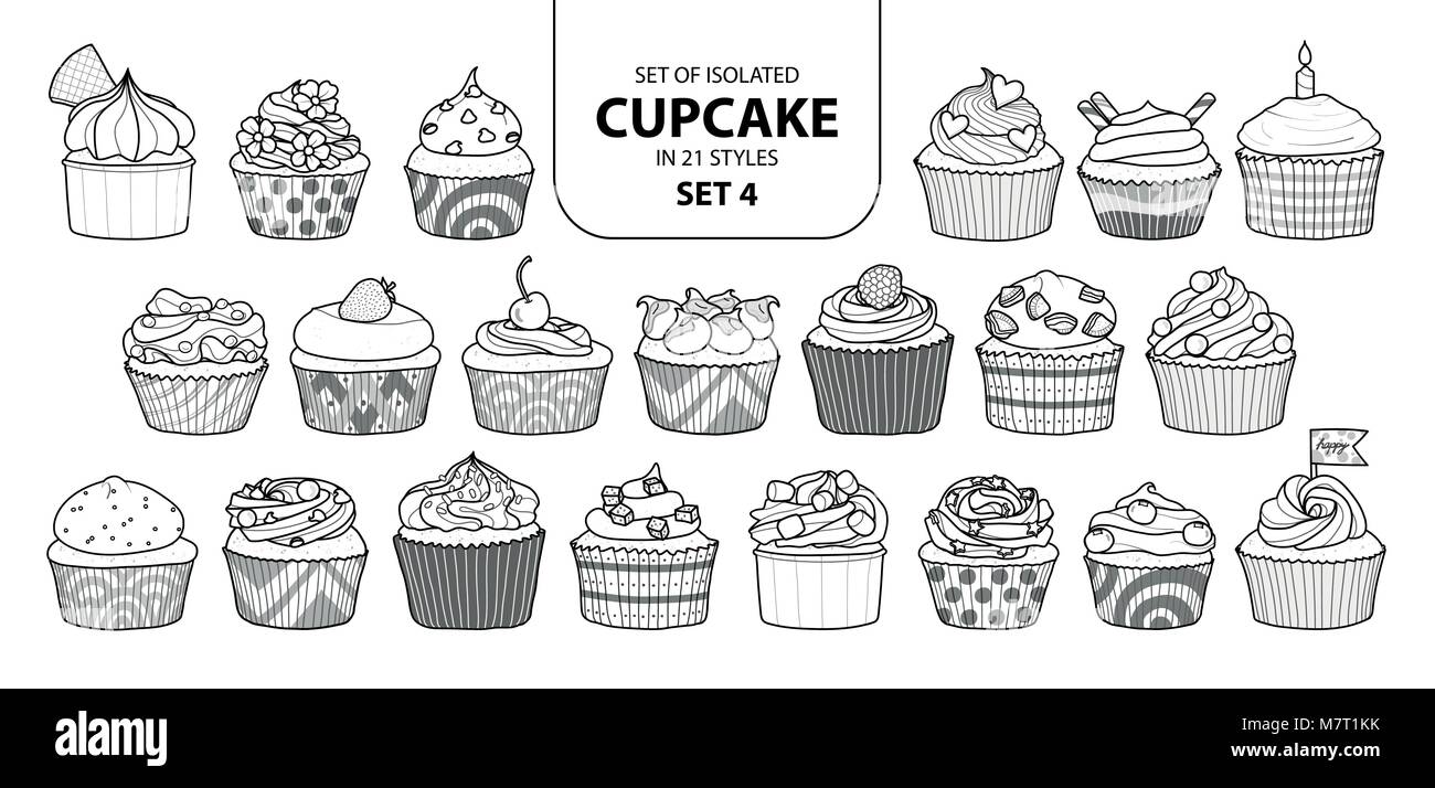 Set of isolated cupcake in 21 styles set 4. Cute hand drawn dessert in black outline and white plane on white background. Stock Vector