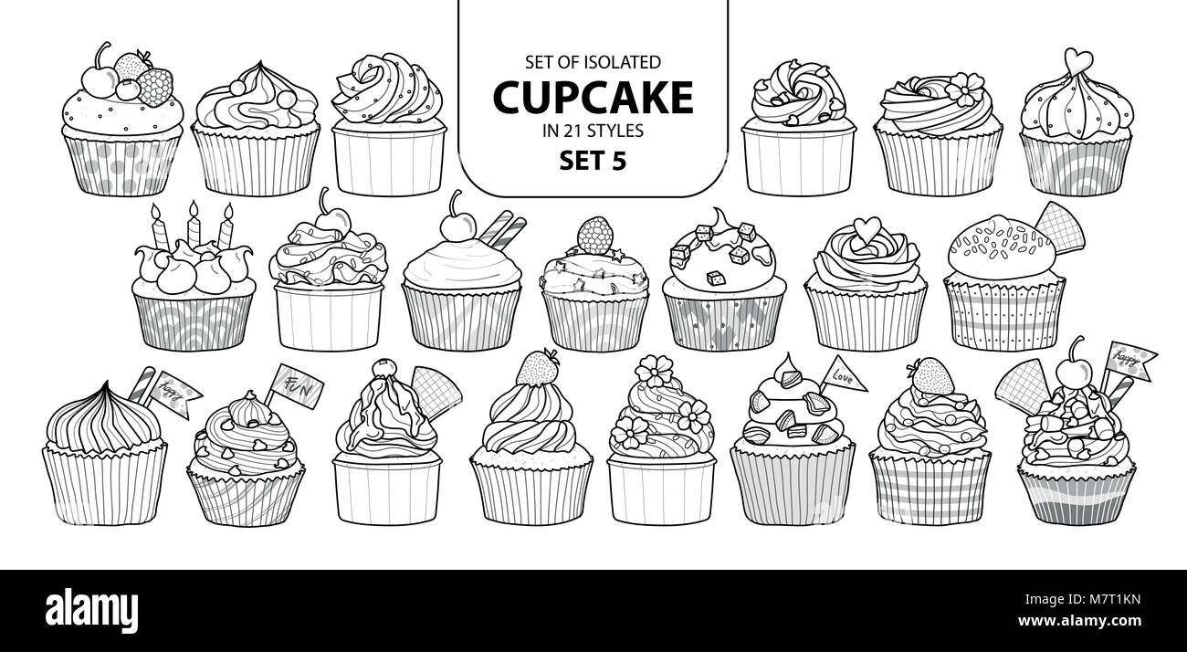 Set of isolated cupcake in 21 styles set 5. Cute hand drawn dessert in black outline and white plane on white background. Stock Vector