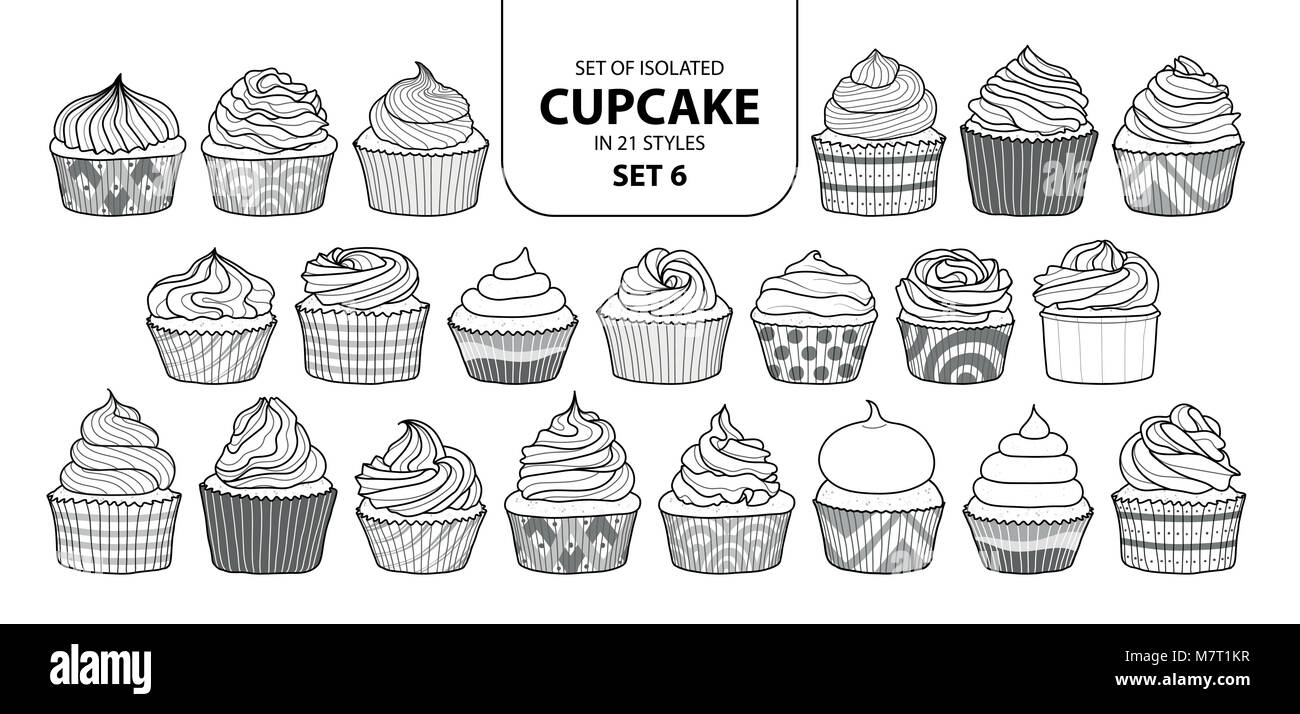 Set of isolated cupcake in 21 styles set 6. Cute hand drawn dessert in black outline and white plane on white background. Stock Vector