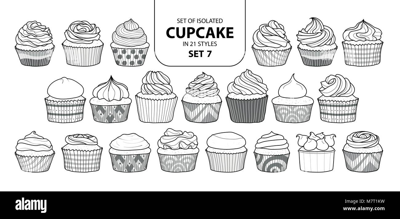 Set of isolated cupcake in 21 styles set 7. Cute hand drawn dessert in black outline and white plane on white background. Stock Vector