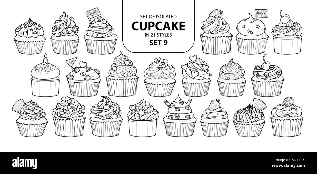 Set of isolated cupcake in 21 styles set 9. Cute hand drawn dessert in black outline and white plane on white background. Stock Vector