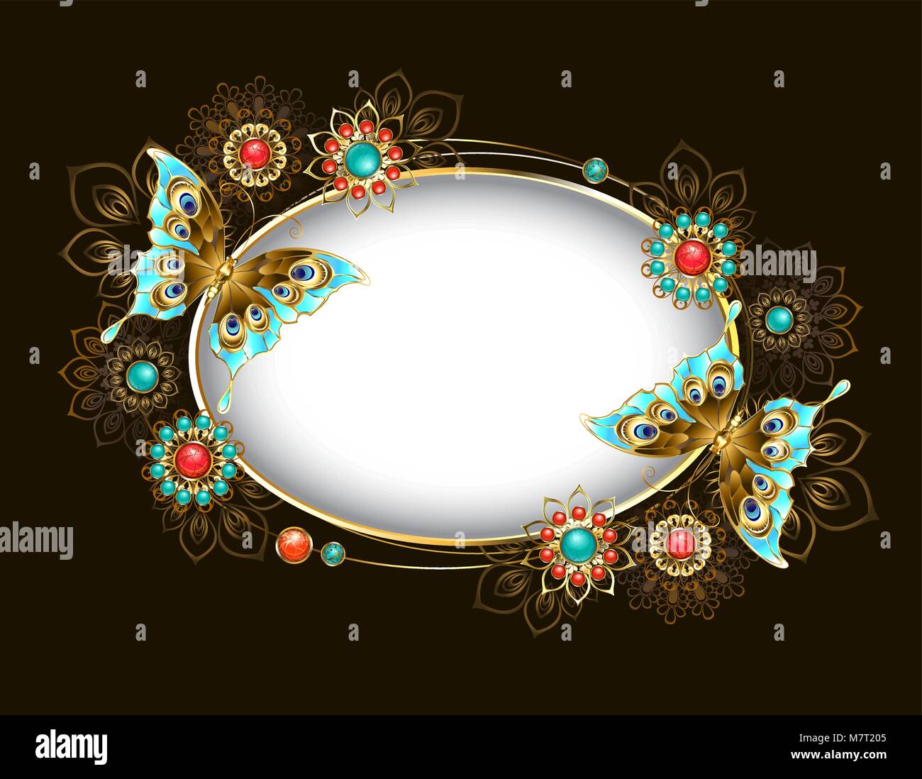 Oval banner adorned with turquoise butterflies and ethnic, jeweled ornaments encrusted with turquoise and jasper on  brown background. Jewelry Design. Stock Vector