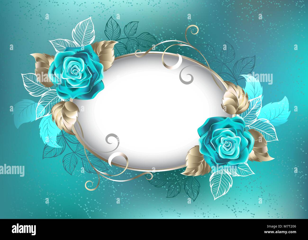 Oval, light banner, decorated with turquoise, roses with leaves of white gold on turquoise background. Blue Tiffany. Fashionable color. Turquoise rose Stock Vector