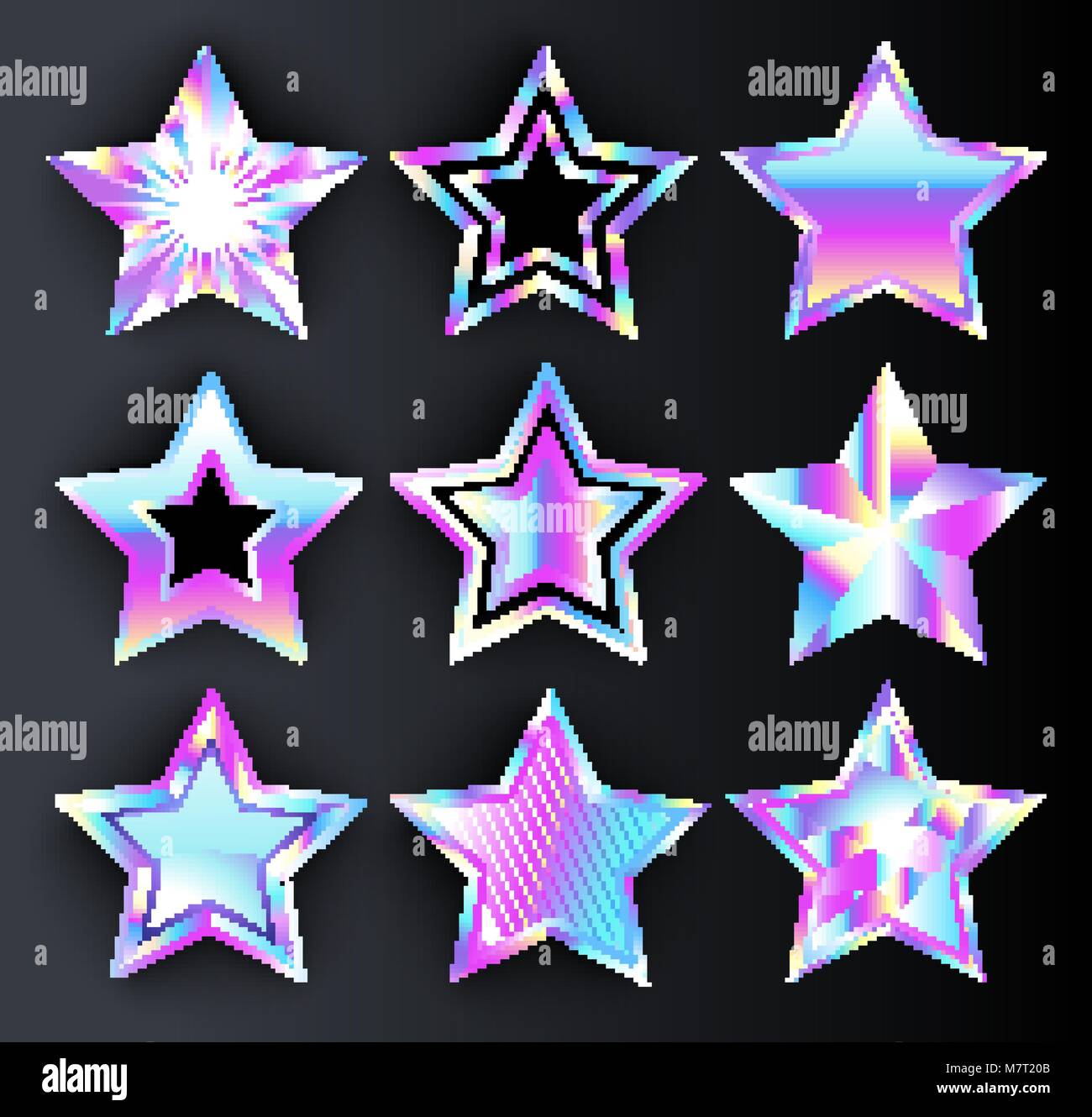 Set of holographic, bright, isolated, iridescent stars on black background. Holographic stars Stock Vector