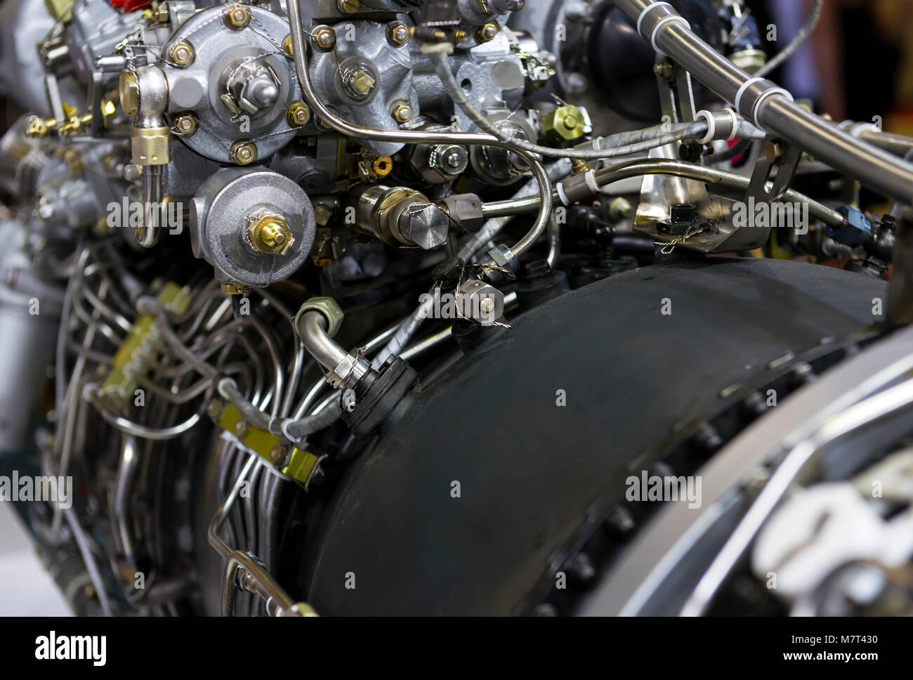 plane turbine engine mechanism closeup Stock Photo