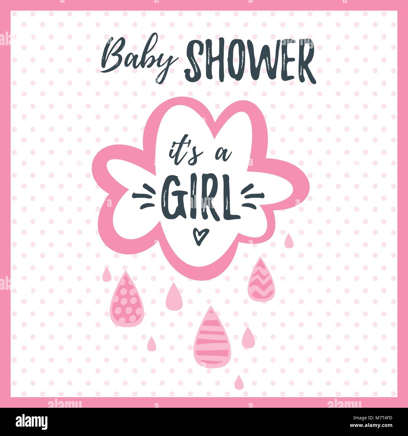 Vector cartoon style illustration of Baby shower invitation. Baby girl celebration greeting card template. Funny cloud and big drops of rain. Stock Vector