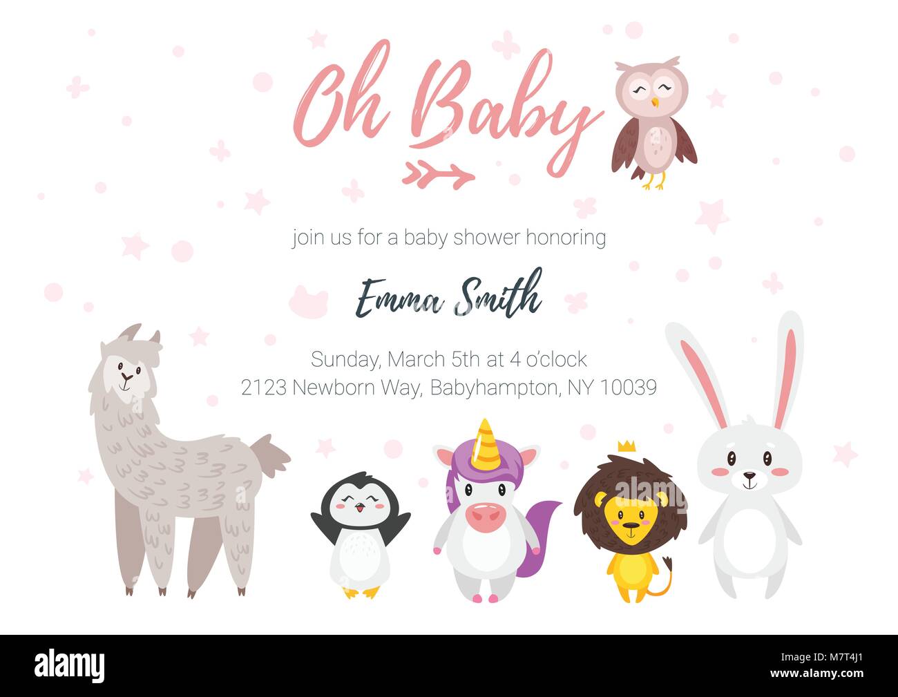 Vector cartoon style illustration of Baby shower invitation. Baby girl ...