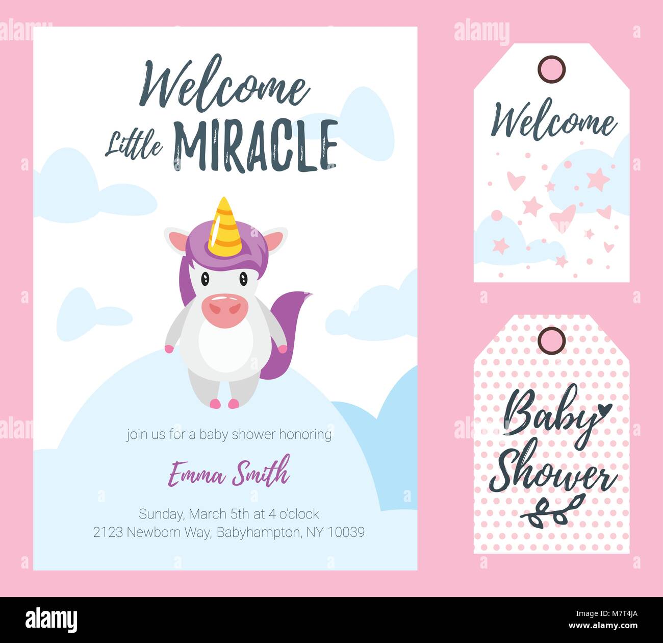 Vector cartoon style illustration of Baby shower invitation. Celebration greeting card and tags template. Cute unicorn standing on cloud. Welcome litt Stock Vector