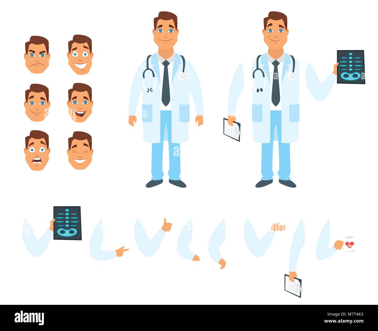 Vector cartoon style man doctor character generator. Different emotions, mouth positions and hand gestures. Isolated on white background. Stock Vector