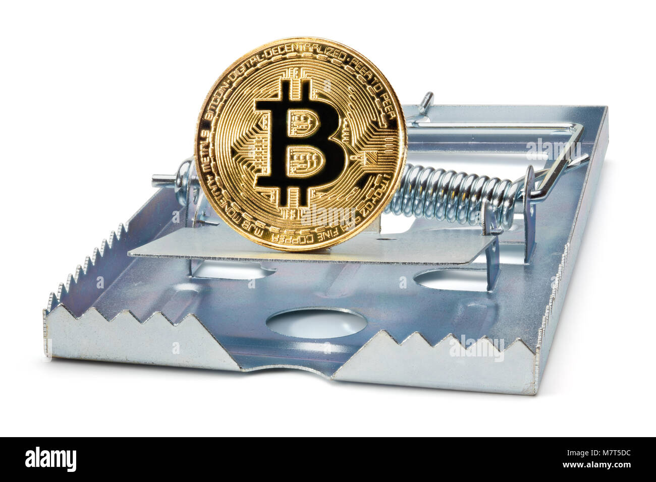 Mousetrap with golden bitcoin, isolated on the white background, clipping path included. Stock Photo