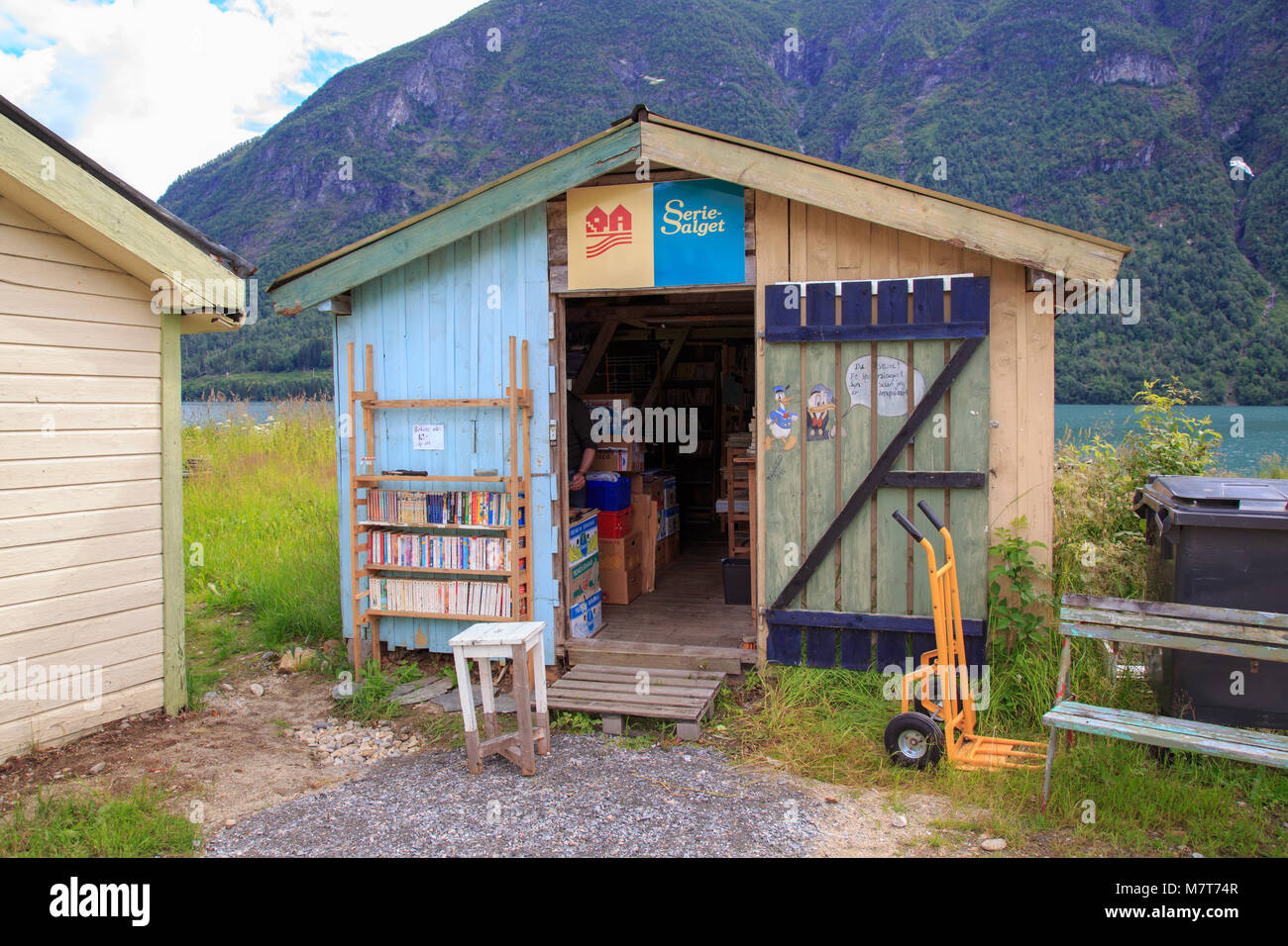 Small bookshop in the Norwegian booktown Fjærland, selling second hand books and comics Stock Photo