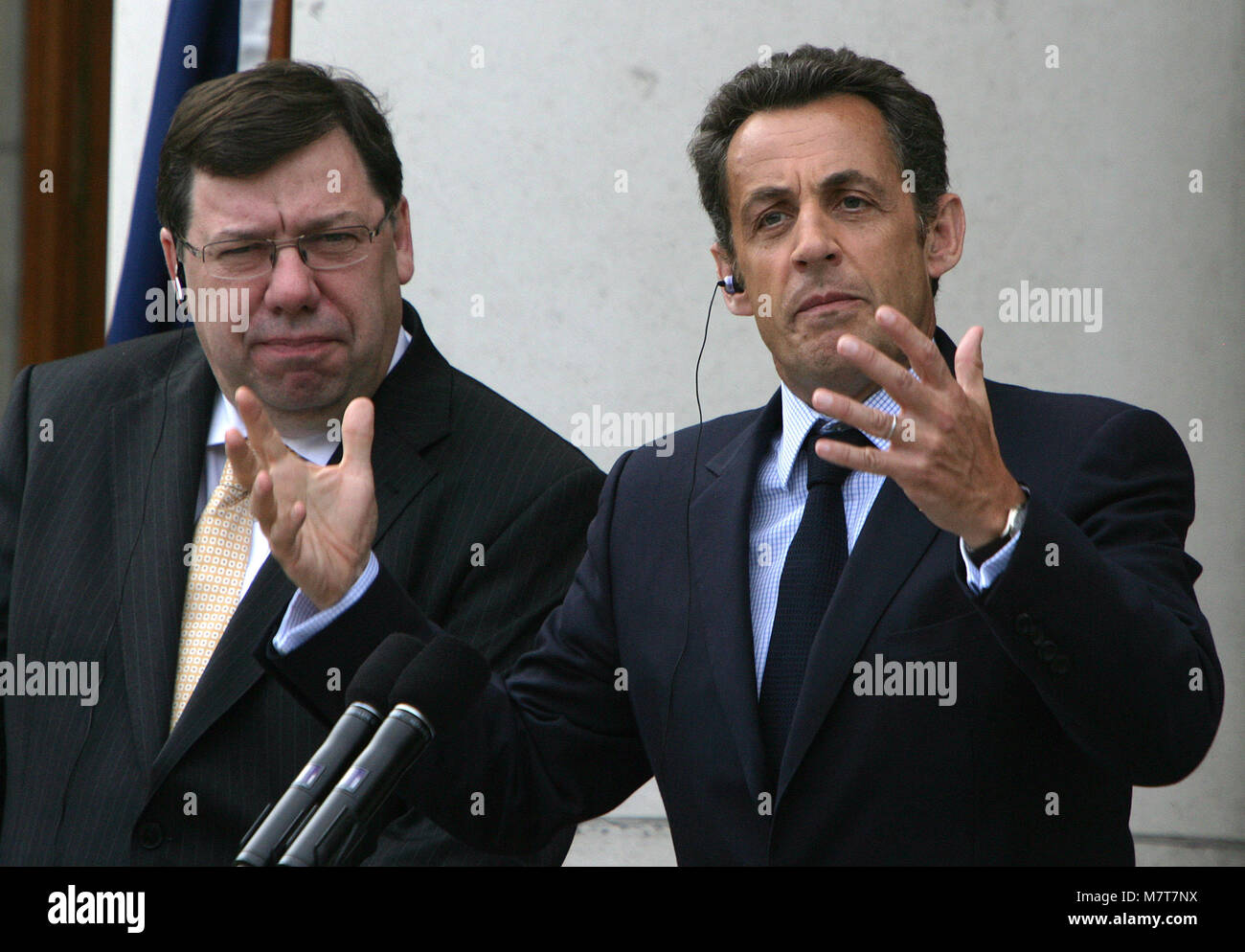 French President Nicolas Sarkozy and Taoiseach Brian Cowen speak to the media outside Government Buildings in Dublin, Monday 21, July 2008. Sarkozy met the two main opposition leaders - Fine Gael's Enda Kenny and Labour's Eamon Gilmore and talks with groups who opposed and supported the Lisbon Treaty. Photo/Paul McErlane Stock Photo