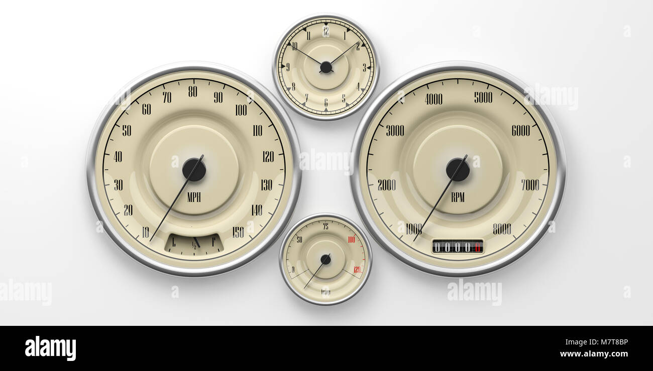 Vintage car gauges isolated on white background. Indications for speed