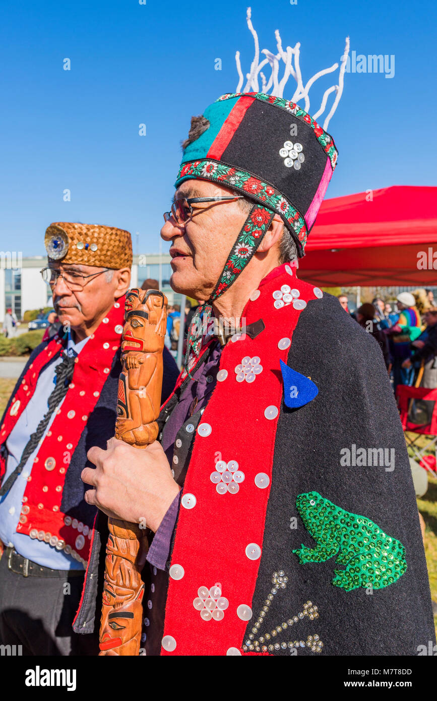 Chief Na’Moks: Hereditary Chief of the Wet’suwet’en, Anti Kinder Morgan Pipeline March, Kwekwecnewtxw, Burnaby BC, Canada Coast Salish Territories Stock Photo