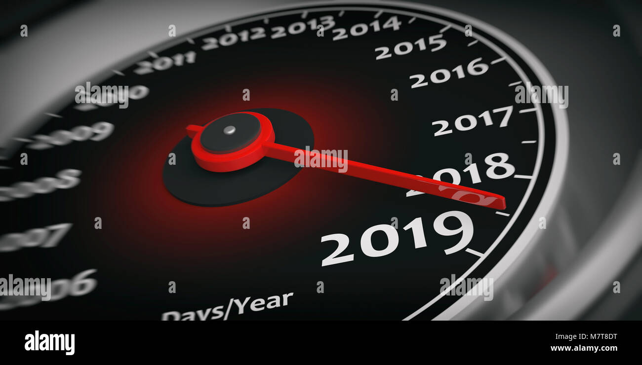 2019 new year. Car speedometer gauge closeup detail, needle on 2019. 3d