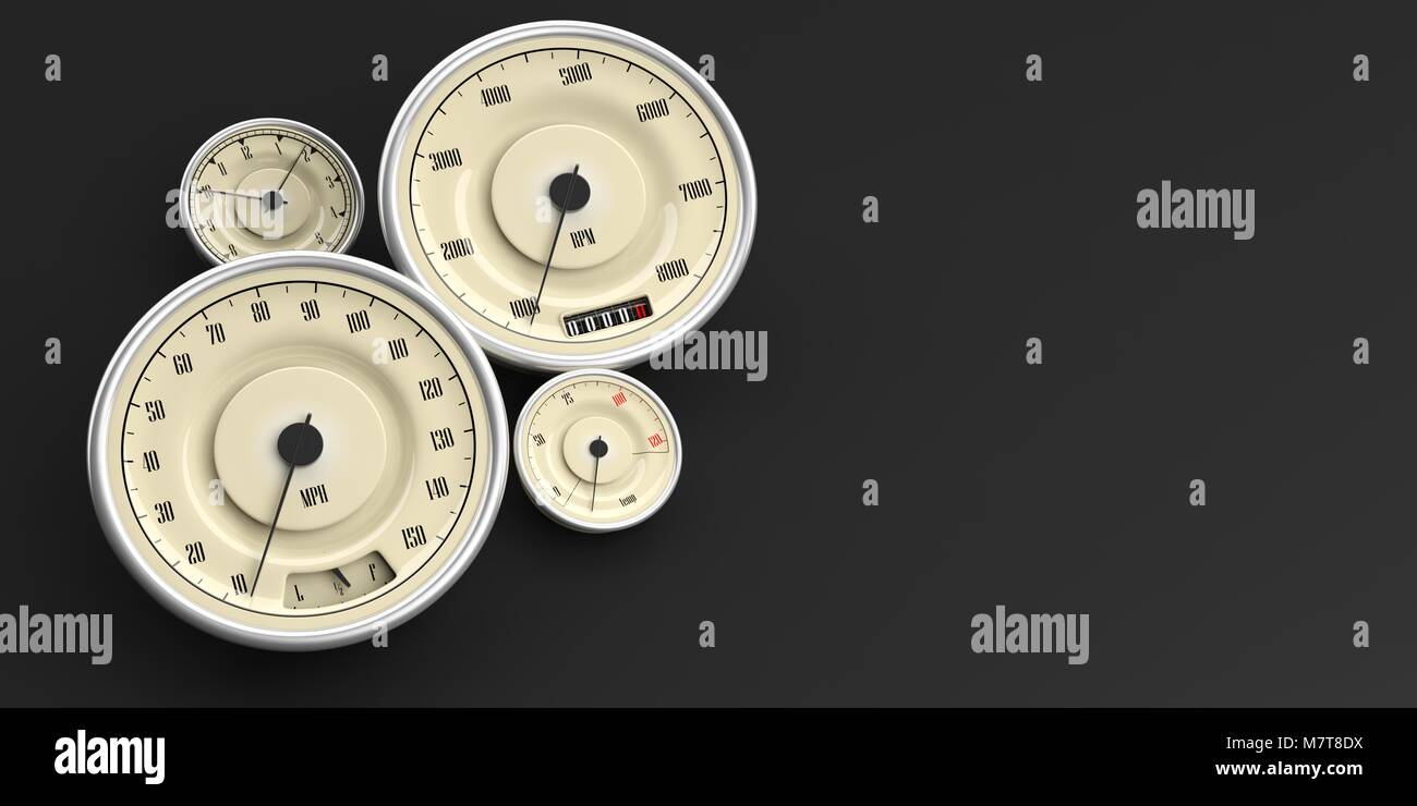 Vintage car gauges isolated on black background, copy space