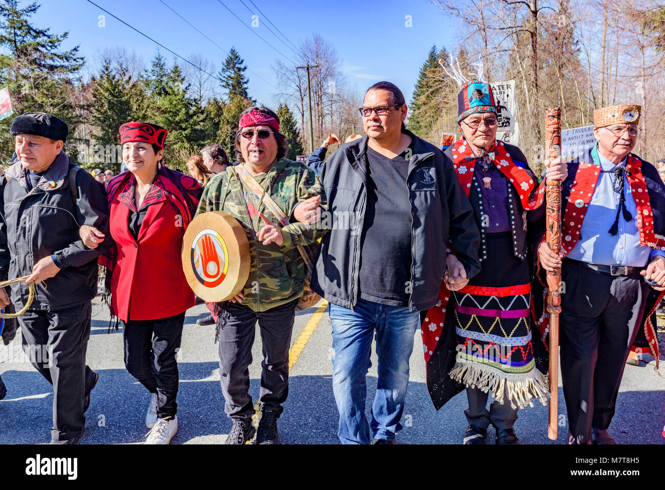 Indigenous Chiefs and elders lead Anti Kinder Morgan Pipeline March, Protect the Inlet, Kwekwecnewtxw, Burnaby BC, Canada Stock Photo