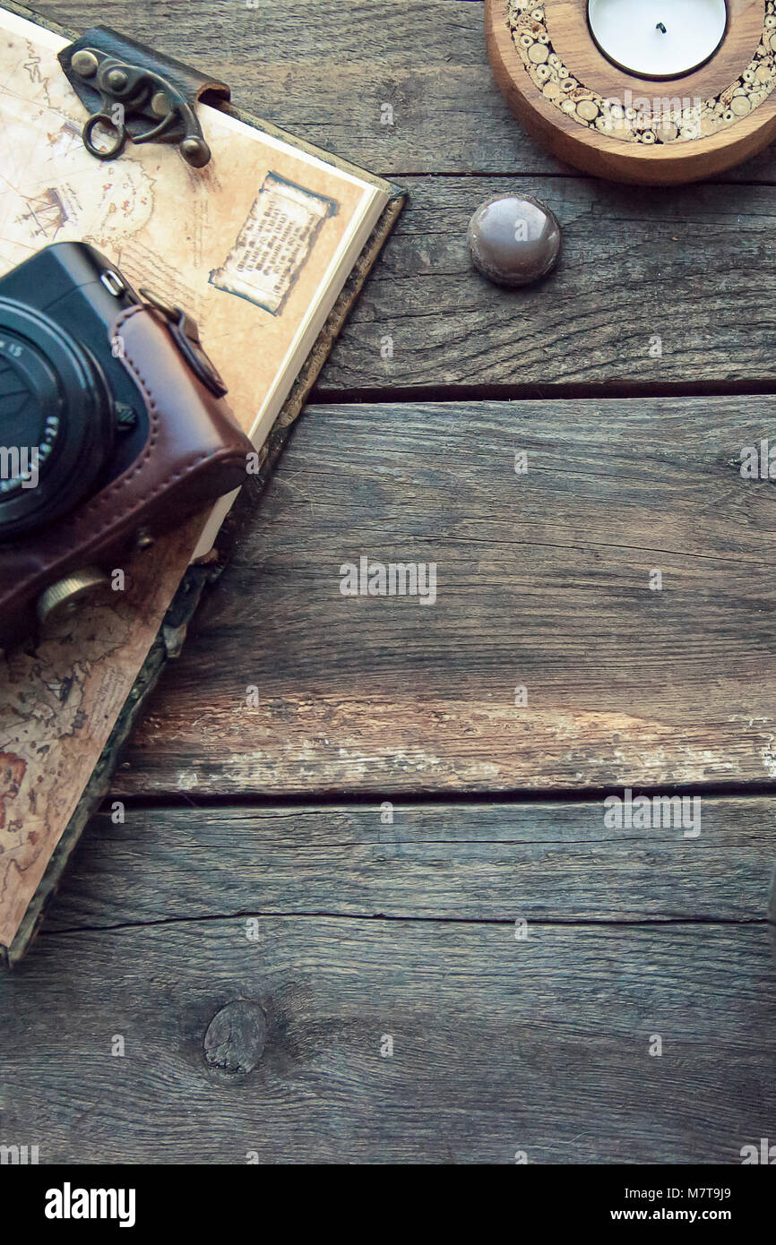 Travel and vacation items on wooden table. Top view Stock Photo