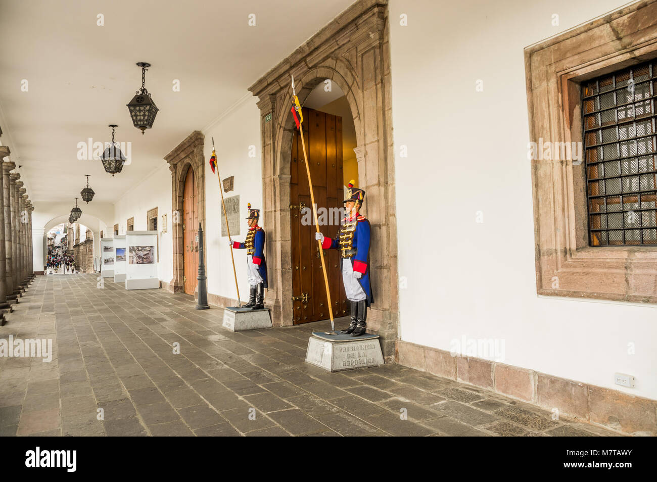 QUITO, ECUADOR, JANUARY, 11- 2018: Unidentied body guards at the enter of passage at presidential Carondelet palace government, in Quito, Ecuador Stock Photo