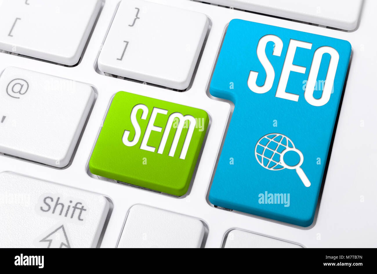 Macro Of A Keyboard With SEO And SEM Buttons Stock Photo