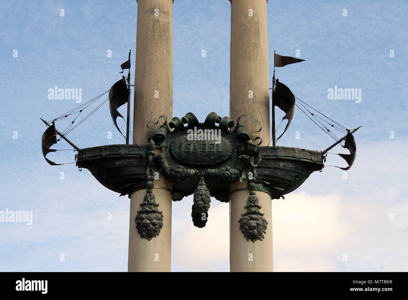 Caravel of Christopher Columbus depicted on his monument in Seville Stock Photo