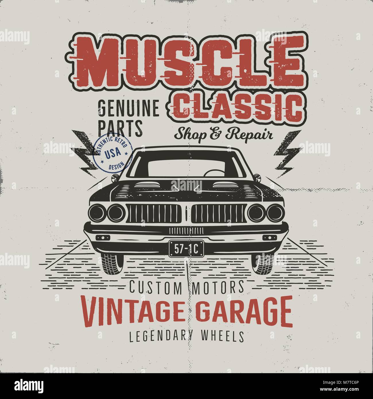 Vintage hand drawn muscle car t shirt design. Classic car poster with  typography. Retro style poster with grunge background. Old car logo, emblem  template. Stock vector illustration Stock Vector Image & Art -