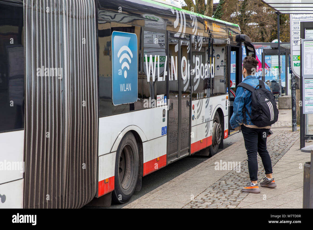 Local bus of the BOGESTRA, Bochum-Gelsenkirchen trams AG, in front of the  main station of Herne Wanne-Eikel, Germany, advertising for Wifi and USB  soc Stock Photo - Alamy